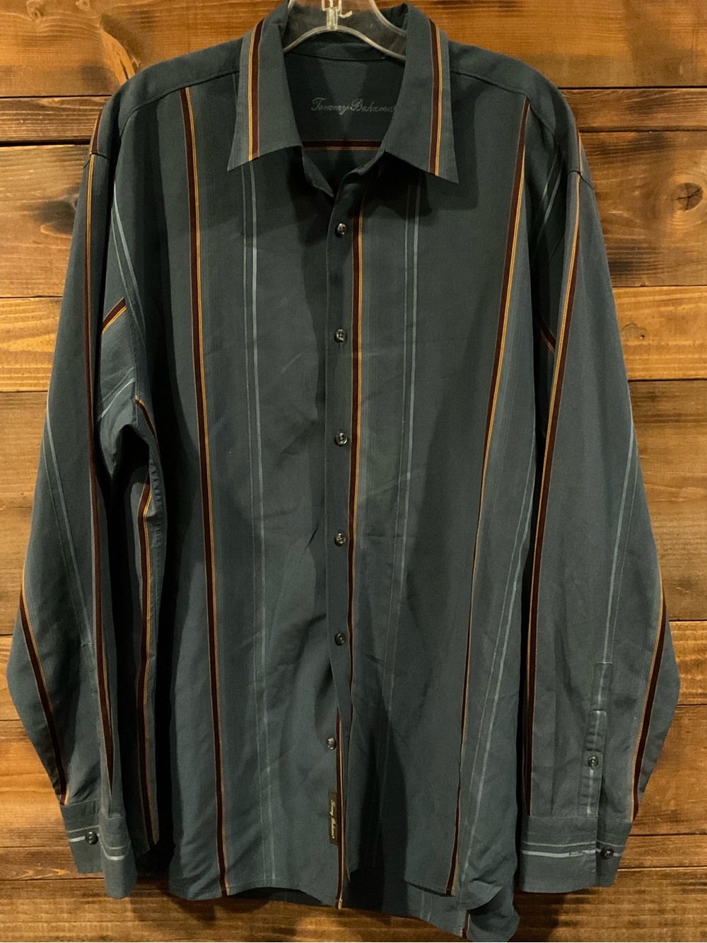 MENS Tommy Bahama Teal-Blue Button Down Shirt with Rust/Light Gray Stripes LARGE